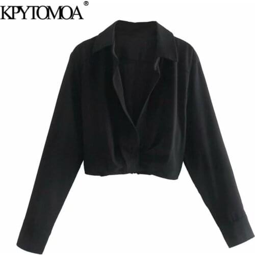 KPYTOMOA Women 2021 Fashion Office Wear Pleated Cropped Blouses Vintage Long Sleeve Elastic Hem Female Shirts Blusas Chic Tops