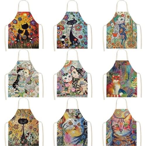 Flower Kitchen Cooking Apron Cute Cat Printed Home Sleeveless Cotton Linen Aprons for Men Women Baking Accessories WQ162