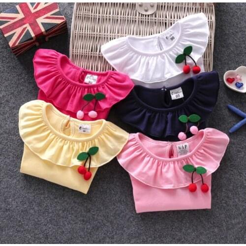Hot Selling Girls Cherry Collar T Shirt Kids Long Sleeve Fashion Clothes Baby Girl T shirts Cotton Children Tops Birthday Gifts