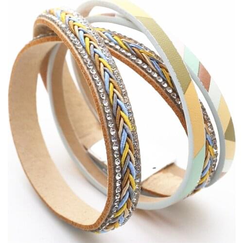 Ethnic Strand Rhineston Multilayer Chain Handmade Leather Bracelets Women Fashion Girls Cuff Bangle Female Jewelry Wedding Bling