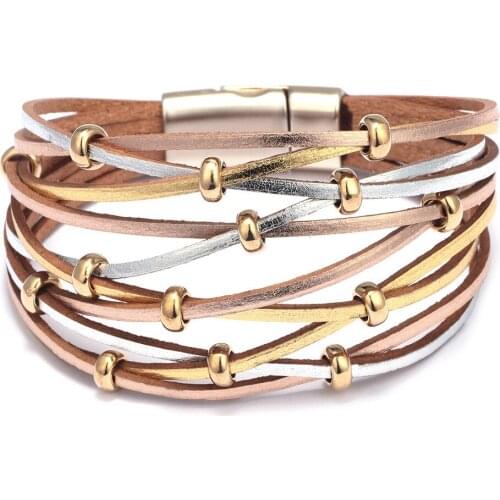 Fashion Leather Charm Bracelets For Women Men Gold Silver Color Beads Multiple Layers Wrap Bracelets Bangles Jewelry Gifts