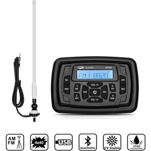 Marine Stereo Waterproof Bluetooth Receiver Boat Audio FM AM Car MP3 Player For RV ATV Yacht Truck Tractor+Boat Radio Antenna