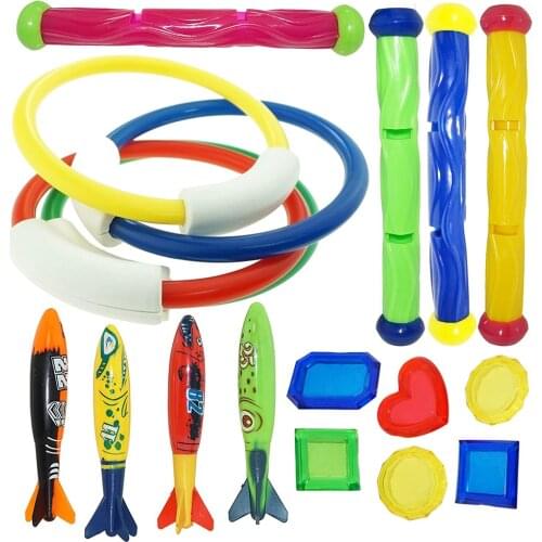 22pcs Diving Game Toys Set Rings Treasures Dive Underwater Swimming Pool Gift for Kids Summer Torpedo Rocket Throwing piscina