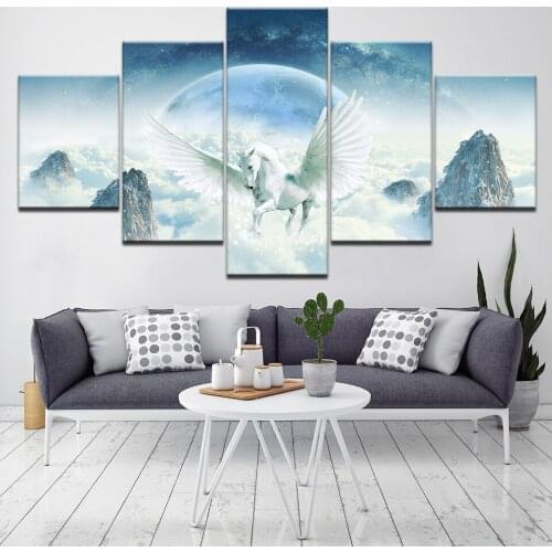 White Pegasus 5 Piece Wall Art Canvas Print modern Poster Modular art painting for Living Room Home Decor