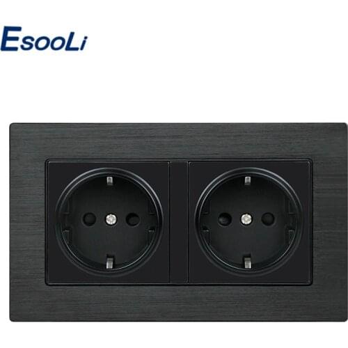 Esooli Black Aluminum Metal Panel Wall Socket EU Standard Power Outlet 16A EU Standard Electrical Double Outlet 146mm * 86mm