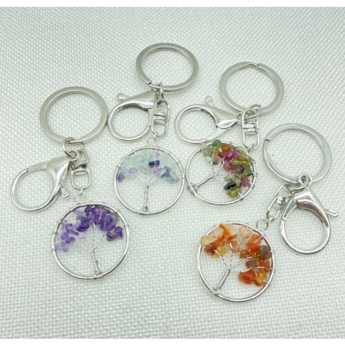 Natural Stone Quartz Crystal Round Tree Of Life Pendant Handmade Keychain Ring Keyring For Jewelry Making Car bags Accessories