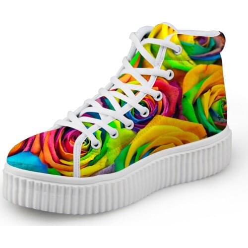 Noisydesigns Girls Height Increasing Flat Platform Shoes Colorful Flower Rose Print Teenagers Casual Lace up Ankle Boots