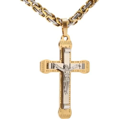 Gold tone Cross Christ Jesus Pendant Necklace Stainless Steel Figaro Chains Necklace Catholic Jesus Necklace With 24'' Chain