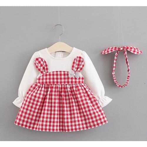 Baby Girl Dresses Long Sleeve Plaid Patchwork Infant Clothing One Year Birthday Princess Costume With Headband