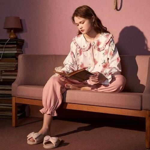 QWEEK Summer Suit for Women Doll Collar Frilly Pants Strawberry Print Pyjamas Lounge Wear Pajamas for Teen Girls Two Piece Set