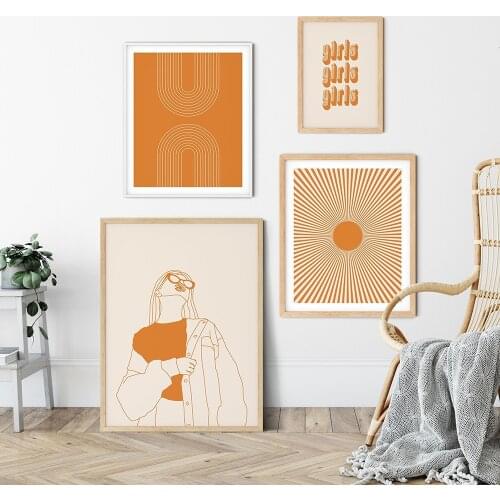 Retro Art Prints 70s Style Gallery Wall Bundle Girls Sun Typography Poster Abstract Minimal Line Art Canvas Pictures Boho Poster