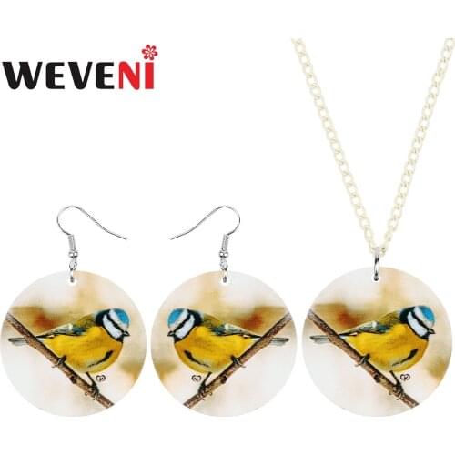 WEVENI Acrylic Round Cute Eurasian Blue Tit Jewelry Sets Printing Bird Animal Earrings Necklace For Women Girls Gifts Decoration