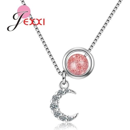 Collares De Moda Korean 925 Sterling Silver Pendant Necklace Cubic Zircon Chain Concise Sweet Pink Strawberry Crystal Bijoux