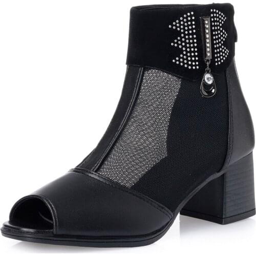 Promotion 2021 New Rhinestone Genuine Leather Mesh Fish Mouth Sandals Summer Boots Women Fashion Sandals Large Size Trend Shoes