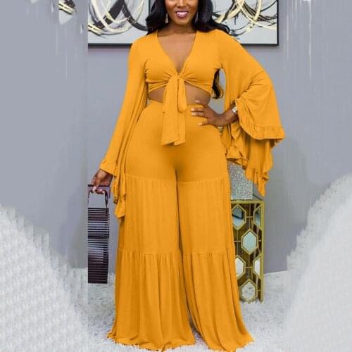 Sets Womens Outfits 2021 Summer Crop Tops & Flare Pants Yellow High Waist Floor Length Fashion Sexy Evening Night Club Wear Sets