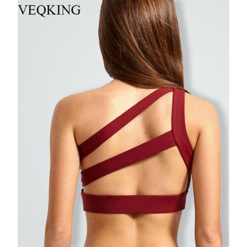 VEQKING Women Oblique One Shoulder Strap Sports Bra,Push Up Breathable Sports Top,Cross Straps Back Fitness Running Yoga Bra