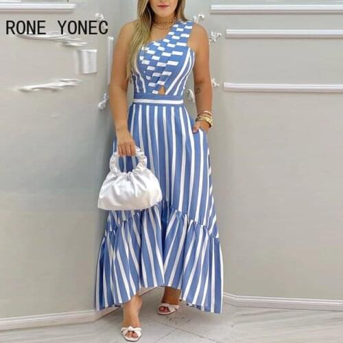 Women Elegant Dress One Shoulder Striped Colorblock Casual Maxi Dress Vacation Dress 2021