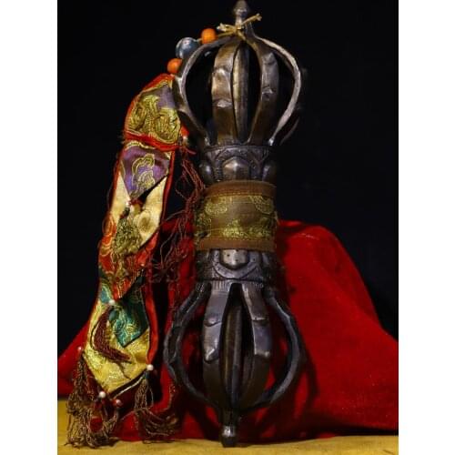 11"Tibet Buddhism Temple Old Tiantie Old magic weapon Prayer flags Dorje Vajra Phurba Dagger Holder Exorcism