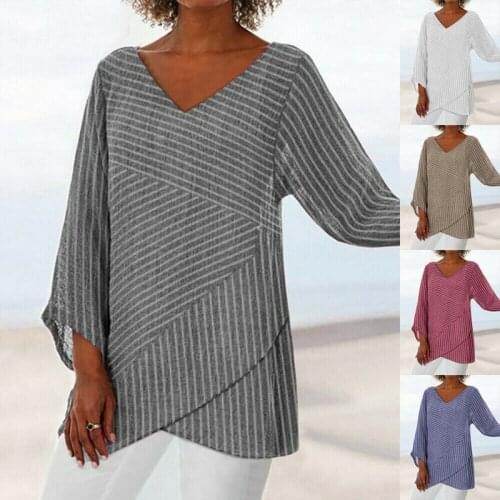 2021 Plus Size 5xl Women Tops Raglan Long Sleeve Blouse Ladies Loose Cotton Linen Striped Tunic O Neck Blouses Loose Baggy BG50