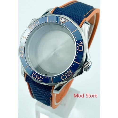 20ATM Waterproof Blue Ceramic Bezel Diver Sea-Master Style Watch Case Blue Strap Rose Gold Writing Fit ETA2836 MIYOTA8215 Mov't