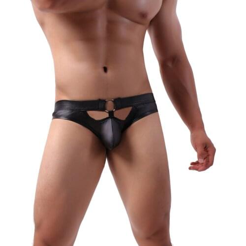 Mens Briefs Faux Leather Jockstrap Sexy Underwear Men Hollow Backless Penis Pouch Panties Black Low Waist Male Underpants