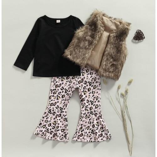 FOCUSNORM 2-7Y Fashion Autumn Winter Kids Girls Clothes Sets 3pcs Long Sleeve Solid Tops+Fur Waistcoat+Leopard Printed Pants