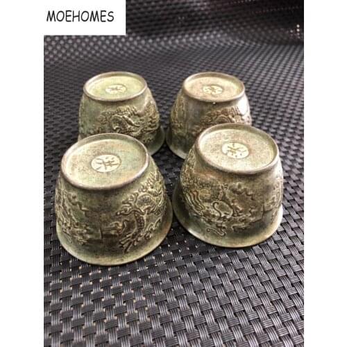 MOEHOMES 4pcs china Antique Old Copper bronze Carved Dragon Statue Qing/Ming Dynasty Bowl cups tea wine cup