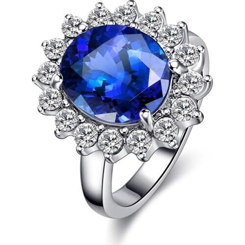 Flower Ring White Silver Plated Ring Blue/Red Big Oval Crystal CZ Zirconia Jewelry For Women Elegant Romantic Gift