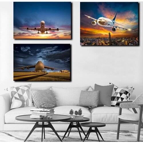 Sunset Landscape Airplane Wall Art Canvas Poster and Print Canvas Painting Decorative Picture Living Room Home Decor Framework