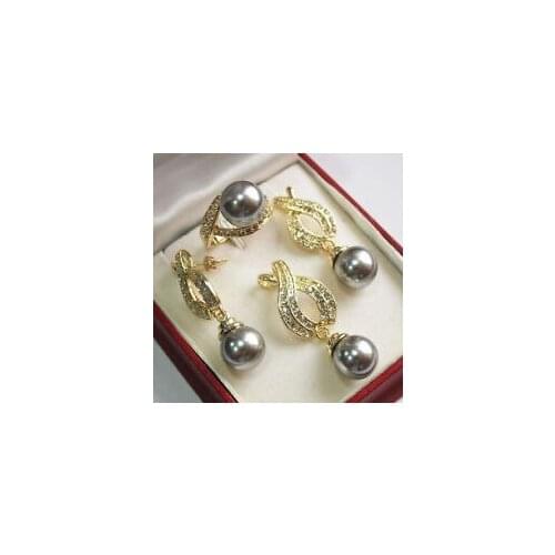 Nobility Quartz crystal AAA 12mm Gray Shell Pearl Pendant Necklace Earrings Ring Set 006CZ Luxury Ms. girl