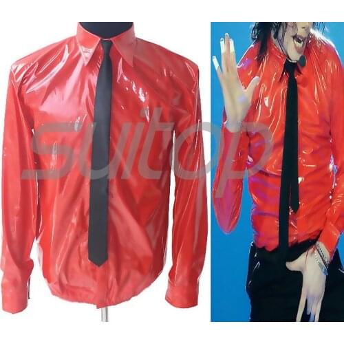 New Mens Latex shirt rubber tops males in red and black including tie as Michael same style