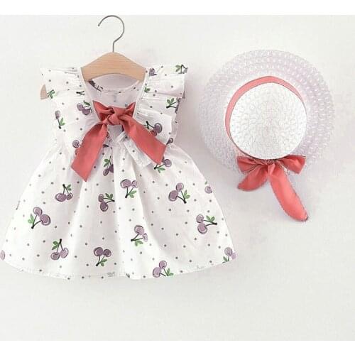 Baby Girl Clothes Summer Party Clothing For Girl Toddler Baby Kids Girls Sleeveless Cherry Dot Princess Dresses Bow Hat Outfits