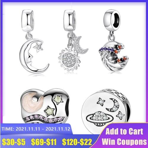 Real 925 Sterling Silver Beautiful crescent Clear CZ Charms Beads Jewelry making Fit Original AGATA Charm Bracelet Necklace