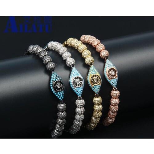 Luxury Designe Jewelry Blue CZ Eye Braiding Bracelet 6mm Cz Ball 4mm Stainless Steel Beads Hamsa Jewelry