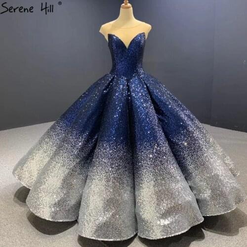 Serene Hill Blue Silver Cap Sleeves Sexy Wedding Dress 2020 Luxury Sleeveless Sparkly High-end Bridal Gown Custom Made CHA2366