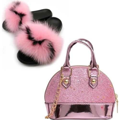 Baby Girl Slippers Fox Fur Slippers Girls Fur Slippers Girls Slippers New Childrens Chain Shell Bag Fashion Sequin Children Bag