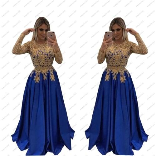 2021 Vintage Gold Lace and Royal Blue Satin A line Prom Evening Dresses Formal Gowns For Wedding Party Long Sleeves Pearls