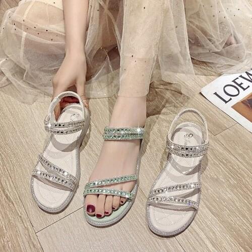 2021 New Summer Sandals Fairy Style Flat Bottom Rhinestone Internet Celebrity Beach Fashion Roman Flat Ins Womens Shoes