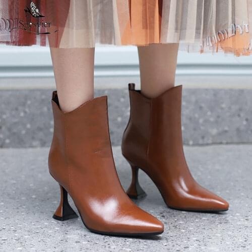 Sgesvier Black Apricot White Women Ankle Boots Faux Leather Thin High Heel Ladies Short Boots Slip on Pointed Toe Womens Boots
