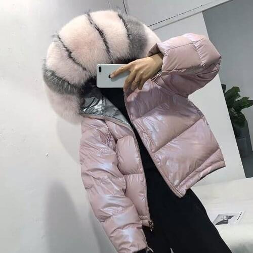 White Duck Down Jacket Coat Women Two Side Clothes Natural Fox Fur Collar Hooded Jacket Female Down Coat Double Side Wear Jacket