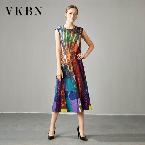 VKBN Summer Dress Women 2021 Casual Plus Size O-Neck Sleeveless Printed Folds Fashion Dress Elegant Femme