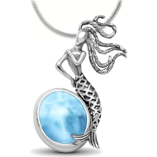 Hot Selling 925 Sterling Silver Natural Dominica Larimar Mermaid Pendant Necklace Womens Jewelry For Gift