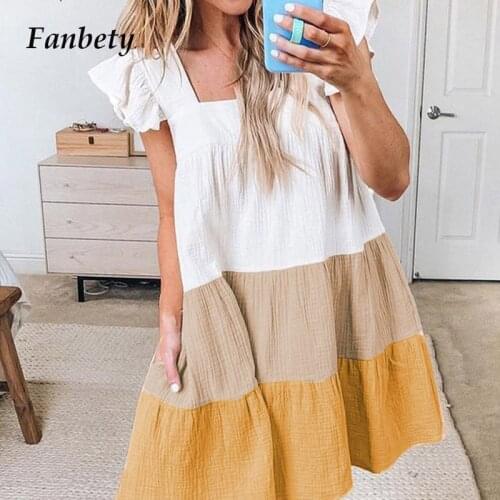 Summer Loose Pocket Beach Dress Elegant Flying Sleeve Ruffle Mini Dress Women Casual Square Collar Patchwork Party Dress Vestido
