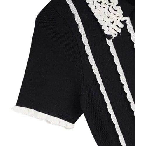 Women Dresses Summer Knitted Short Sleeve A-Line Turndown Collar Striped Mini Chic Elegant High Street Stunning Fashion Top S