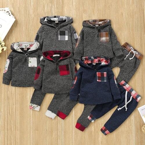 0-18m) Autumn/Winter BoyS Suit Fashion Casual Hooded Sweater Plaid + Stitching Trousers And Velvet Suit платье летнее 50