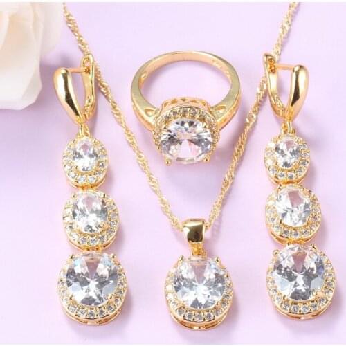 AAA+ Quality Wedding Jewelry Sets Gold-Color Bridal Costume White Zircon Bracelet And Ring African Necklace Sets For Women Gift
