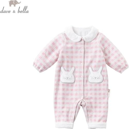 DBM14398 dave bella winter new born baby girls fashion plaid cartoon jumpsuits infant toddler clothes children romper 1 piece