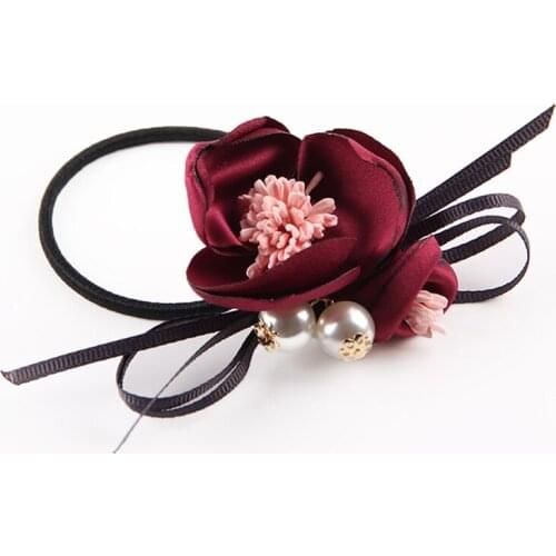 Elegant Women Multicolor Vivid Fabric Peony Flower with Tiny Ribbon Bows Venetian Pearl Hair Rope Band Pony Tail Birthday Gift