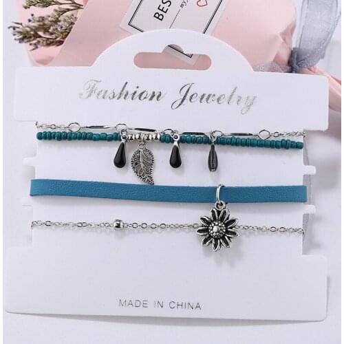 HANJING Boho Jewelry Braided Leather Braclet Women Sunflower Bead Charm Friendship Rope Bracelet Set Pulsera Female Jewelry
