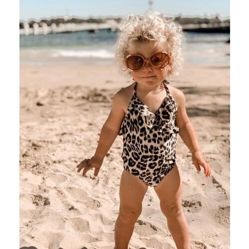 Summer Casual Baby Girl Leopard Swimwear Frill Swimwear Swimming Halter Lace One Piece Beachwear